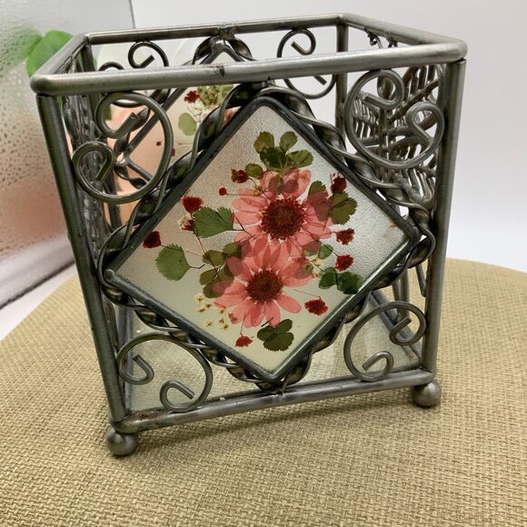 Boutique Other - DragonFly Pressed Flowers Silver Tone Square Glass Candle Holder